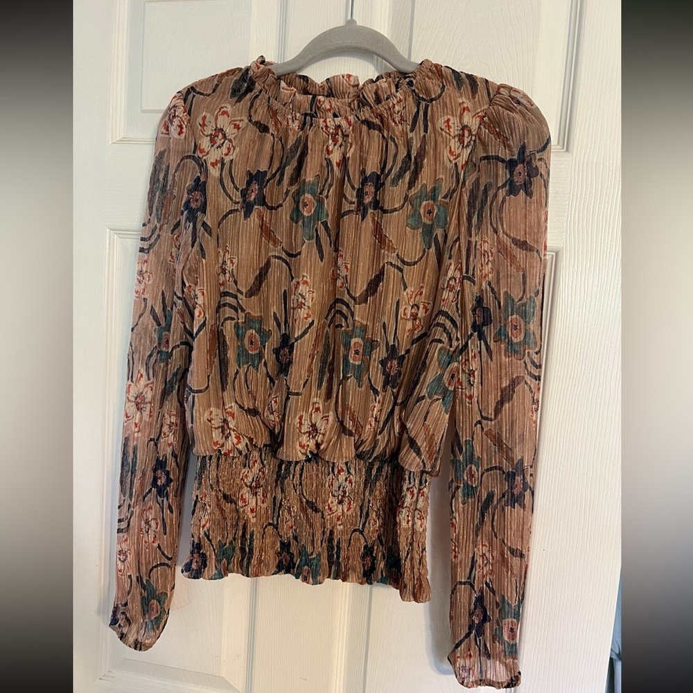 Floral Smocked Waist Long Sleeve Top - Beige/Teal